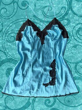 VINTAGE La Vie en Rose Blue Satin Lace Slip Dress Y2K Lingerie Mini Dress